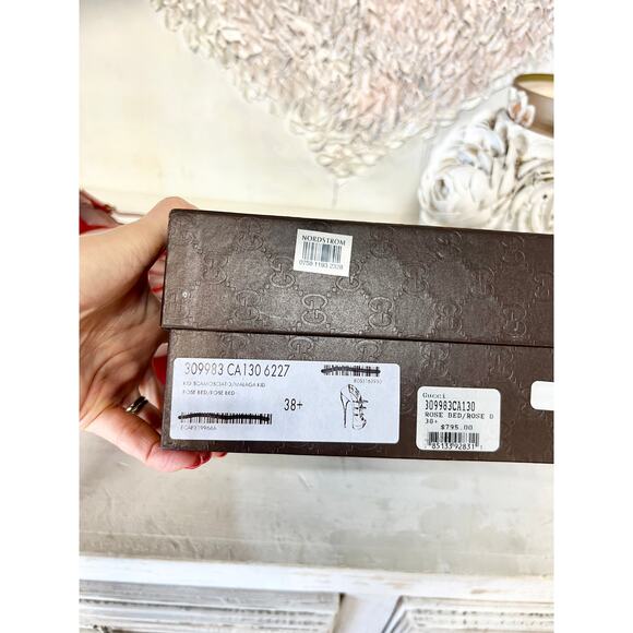 Gucci Lisbeth Suede Strappy Peep Toe Stilettos Heel Pumps Rose Bed Women's 38.5 - Picture 11 of 11